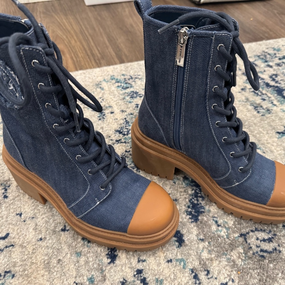 Michael Kors Blue Denim Lace-Up Platform Boots with Tan Cap Toe